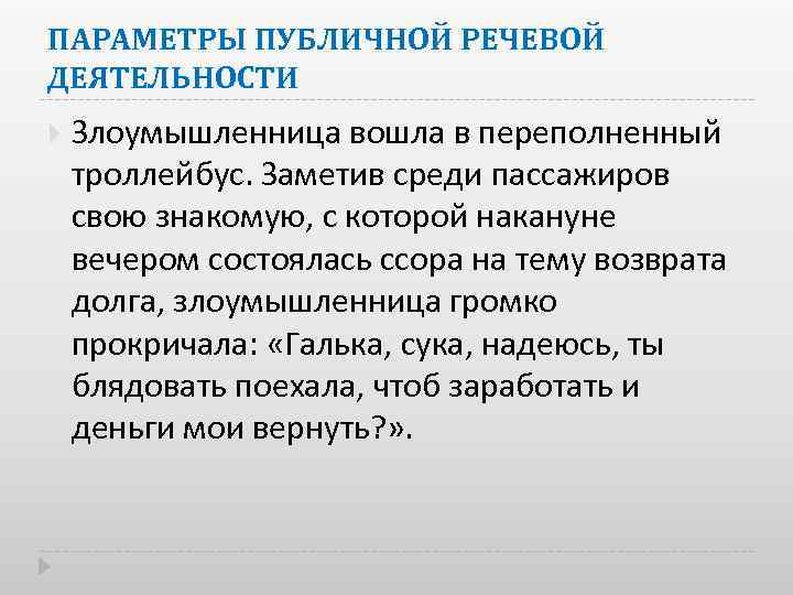 ПАРАМЕТРЫ ПУБЛИЧНОЙ РЕЧЕВОЙ ДЕЯТЕЛЬНОСТИ Злоумышленница вошла в переполненный троллейбус. Заметив среди пассажиров свою знакомую,