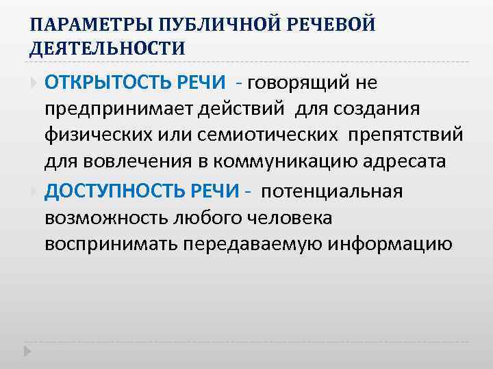 ПАРАМЕТРЫ ПУБЛИЧНОЙ РЕЧЕВОЙ ДЕЯТЕЛЬНОСТИ ОТКРЫТОСТЬ РЕЧИ говорящий не предпринимает действий для создания физических или