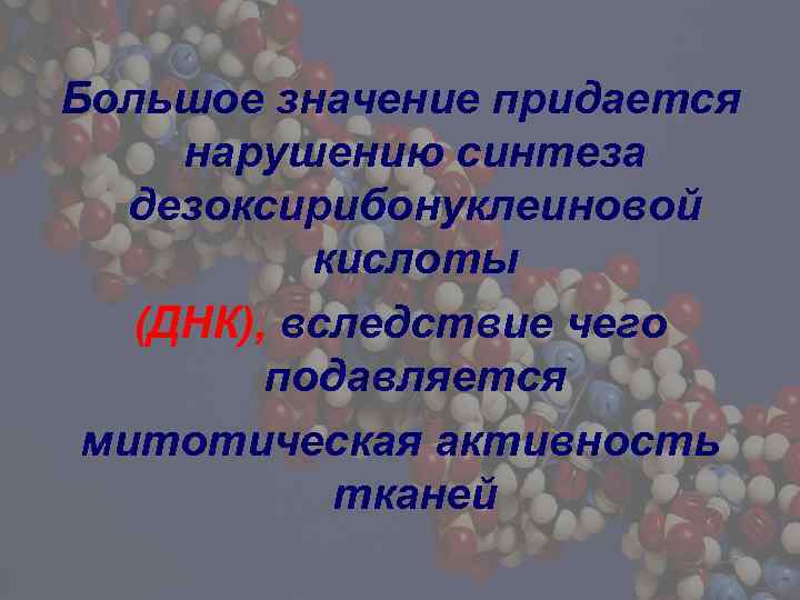 Большое значение придается нарушению синтеза дезоксирибонуклеиновой кислоты (ДНК), вследствие чего подавляется митотическая активность тканей
