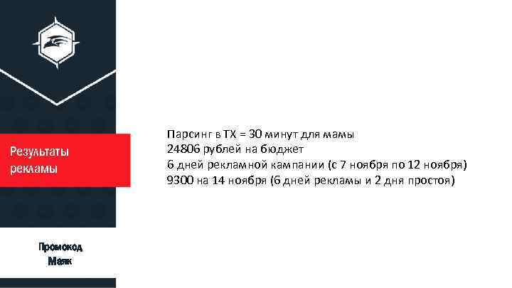 Результаты рекламы ty ty Промокод Маяк ty Парсинг в ТХ = 30 минут для