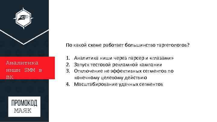 По какой схеме работает большинство таргетологов? Аналитика ниши SMM в ВК МАЯК 1. Аналитика