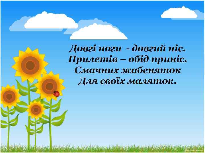 Довгі ноги - довгий ніс. Прилетів – обід приніс. Смачних жабеняток Для своїх маляток.