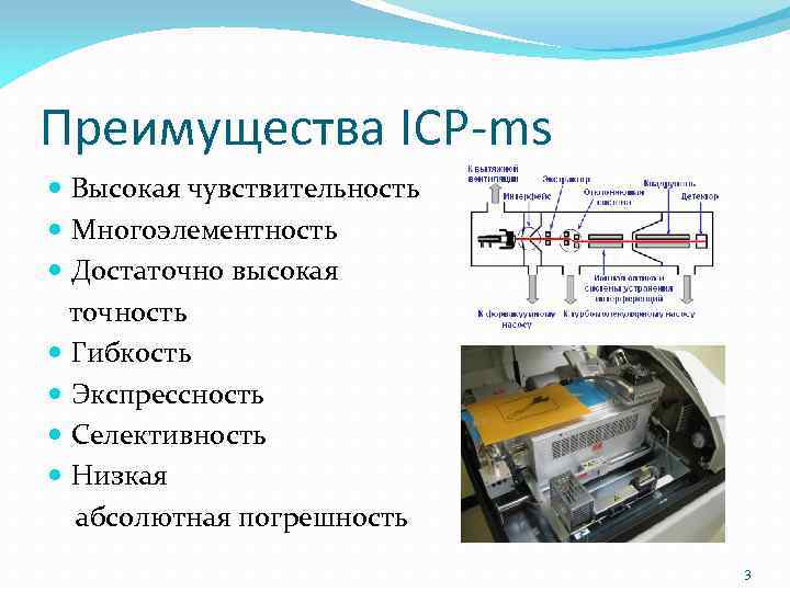 Преимущества ICP-ms Высокая чувствительность Многоэлементность Достаточно высокая точность Гибкость Экспрессность Селективность Низкая абсолютная погрешность