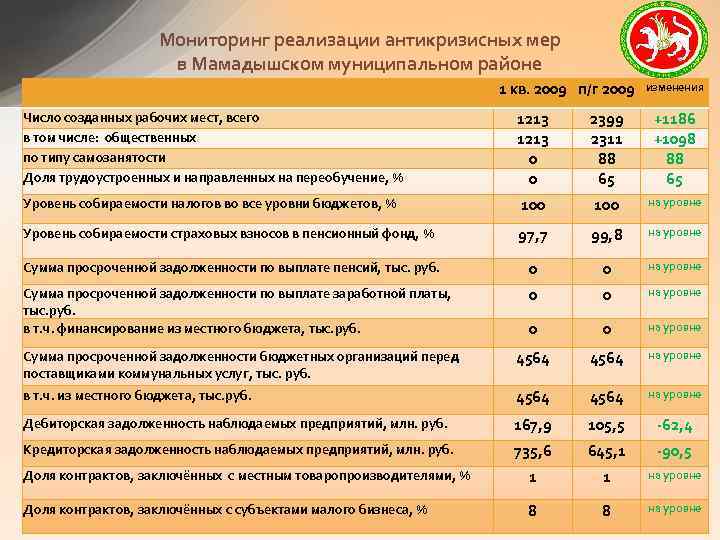 Мониторинг реализации антикризисных мер в Мамадышском муниципальном районе 1 кв. 2009 п/г 2009 изменения