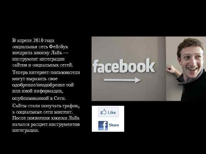 В апреле 2010 года социальная сеть Фейсбук внедрила кнопку Лайк — инструмент интеграции сайтов
