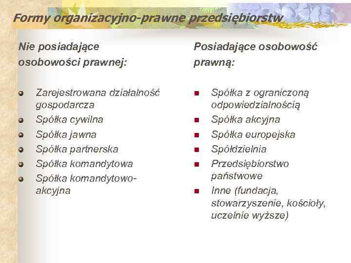 Formy organizacyjno-prawne przedsiębiorstw Nie posiadające osobowości prawnej: Zarejestrowana działalność gospodarcza Spółka cywilna Spółka jawna