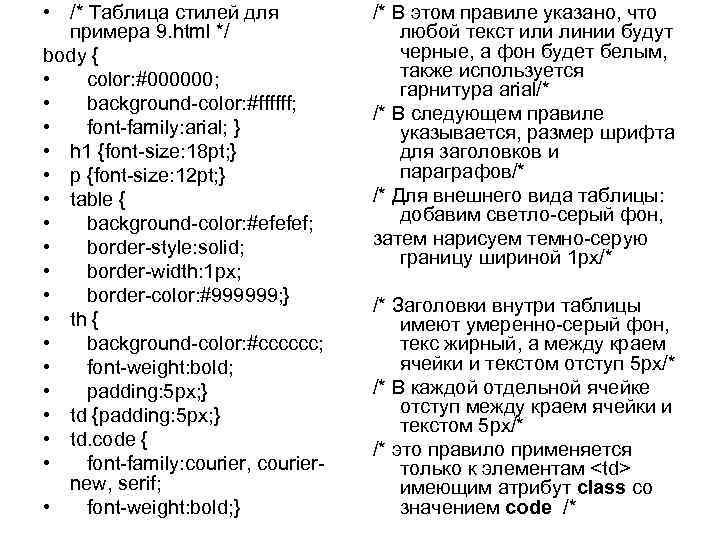  • /* Таблица стилей для примера 9. html */ body { • color: