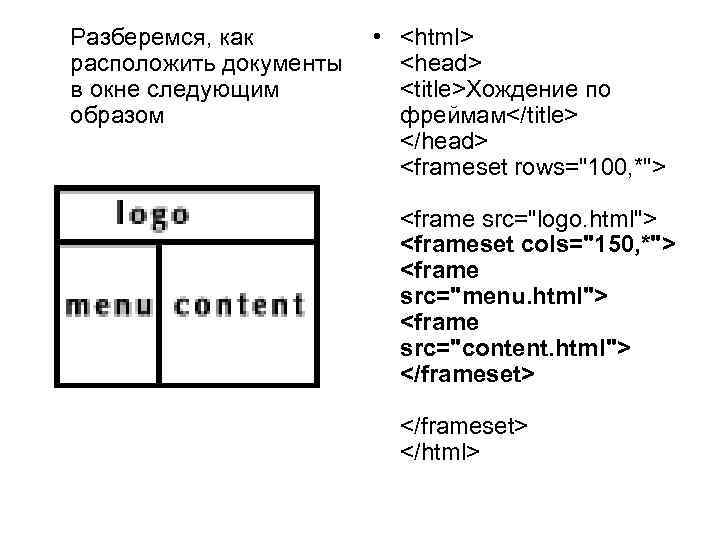 Разберемся, как • <html> расположить документы <head> в окне следующим <title>Хождение по образом фреймам</title>