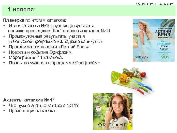 1 неделя: Планерка по итогам каталога: • Итоги каталога № 10: лучшие результаты, новички