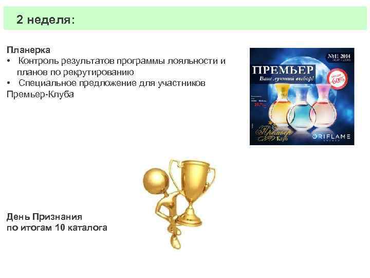 2 неделя: Планерка • Контроль результатов программы лояльности и планов по рекрутированию • Специальное