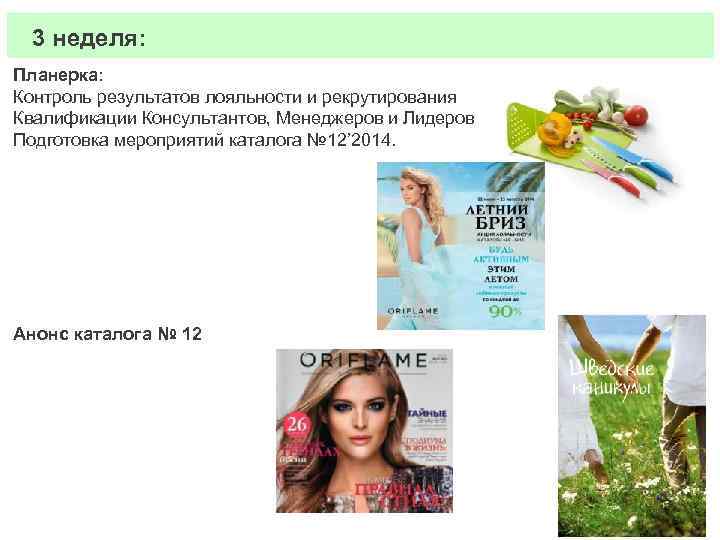 3 неделя: Планерка: Контроль результатов лояльности и рекрутирования Квалификации Консультантов, Менеджеров и Лидеров Подготовка