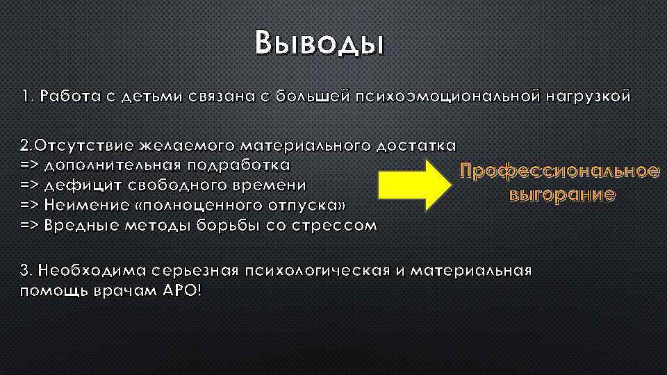 Выводы 1. Работа с детьми связана с большей психоэмоциональной нагрузкой 2. Отсутствие желаемого материального