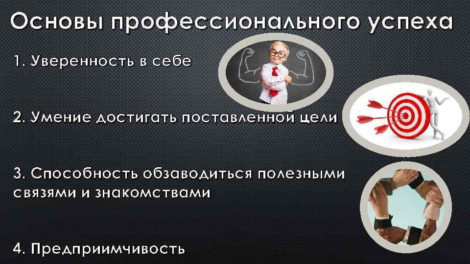 Основы профессионального успеха 1. Уверенность в себе 2. Умение достигать поставленной цели 3. Способность