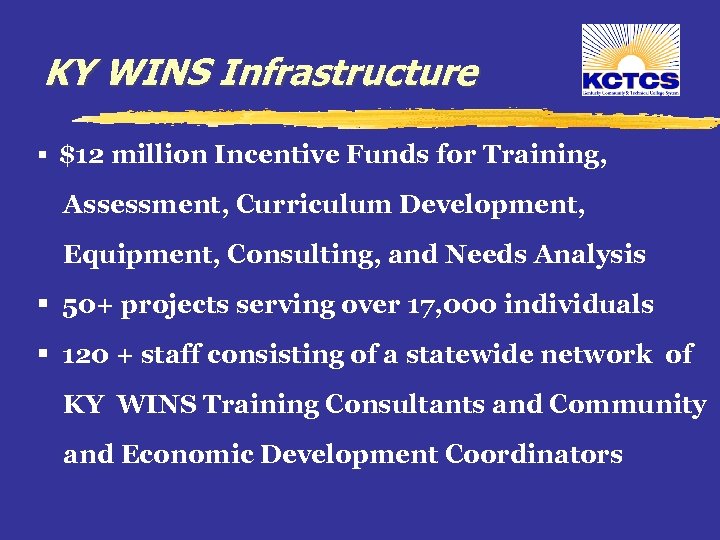 KY WINS Infrastructure § $12 million Incentive Funds for Training, Assessment, Curriculum Development, Equipment,