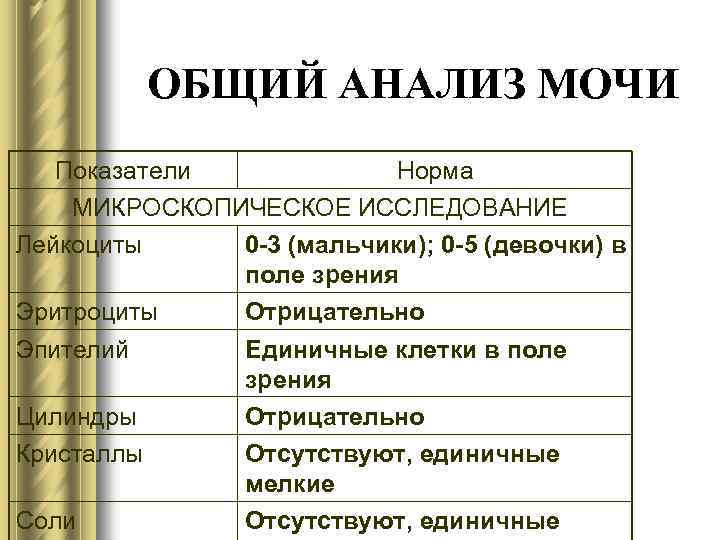 ОБЩИЙ АНАЛИЗ МОЧИ Показатели Норма МИКРОСКОПИЧЕСКОЕ ИССЛЕДОВАНИЕ Лейкоциты 0 -3 (мальчики); 0 -5 (девочки)