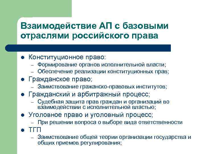 Взаимодействие АП с базовыми отраслями российского права l Конституционное право: – – l Гражданское