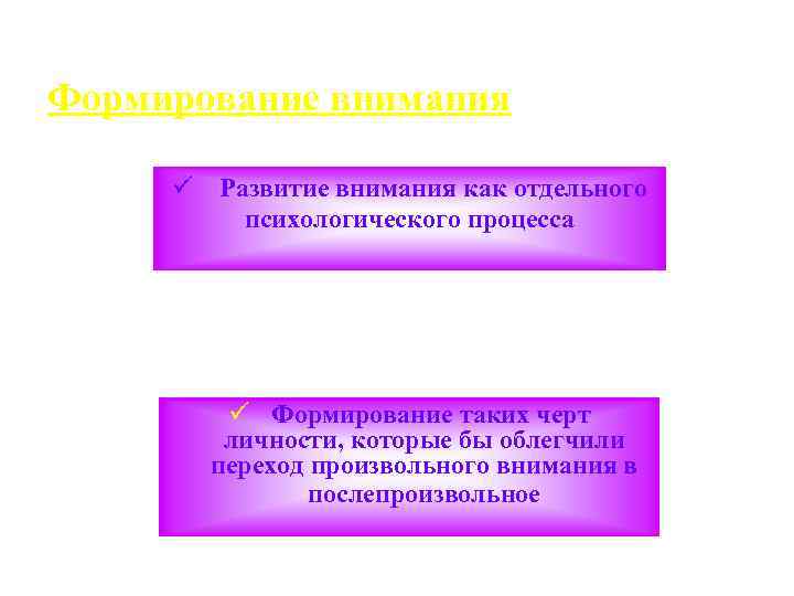 Формирование внимания ü Развитие внимания как отдельного психологического процесса ü Формирование таких черт личности,