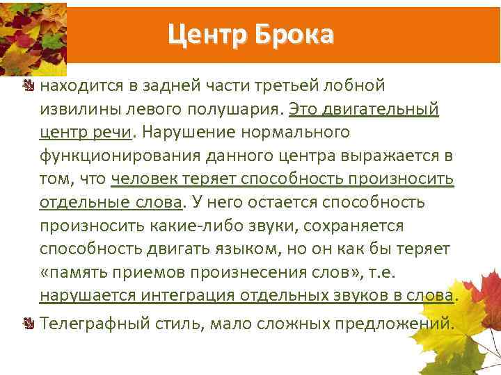 Центр Брока находится в задней части третьей лобной извилины левого полушария. Это двигательный центр