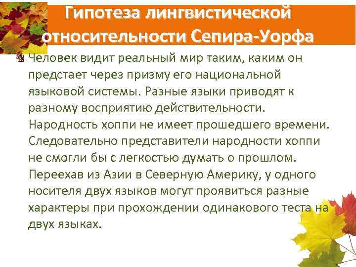 Гипотеза лингвистической относительности Сепира-Уорфа Человек видит реальный мир таким, каким он предстает через призму
