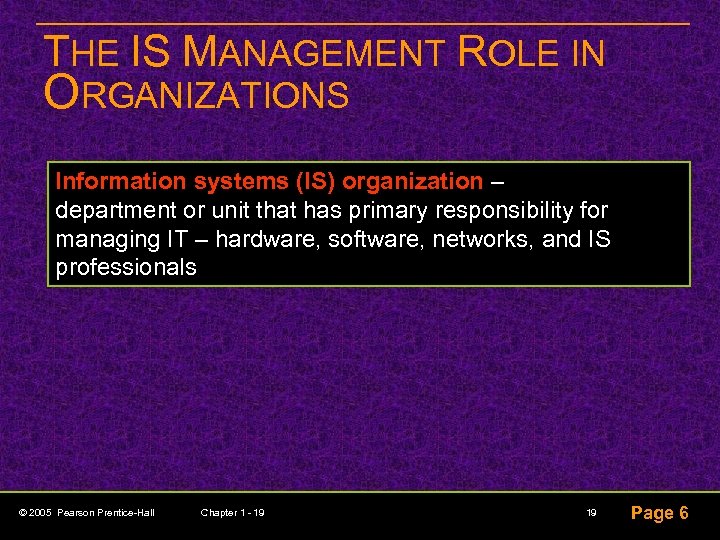 THE IS MANAGEMENT ROLE IN ORGANIZATIONS Information systems (IS) organization – department or unit