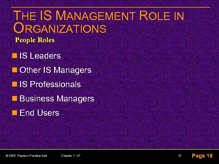 THE IS MANAGEMENT ROLE IN ORGANIZATIONS People Roles n IS Leaders n Other IS