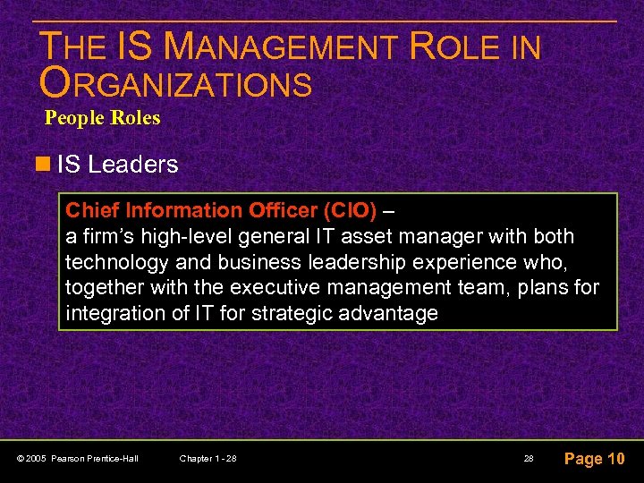 THE IS MANAGEMENT ROLE IN ORGANIZATIONS People Roles n IS Leaders Chief Information Officer