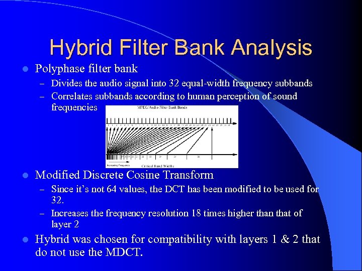 Hybrid Filter Bank Analysis l Polyphase filter bank – Divides the audio signal into