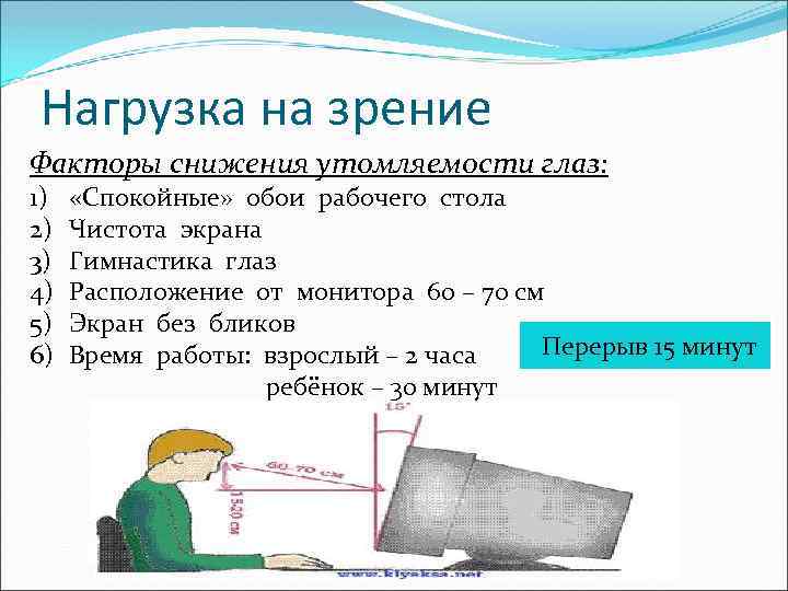 Нагрузка на зрение Факторы снижения утомляемости глаз: 1) 2) 3) 4) 5) 6) «Спокойные»
