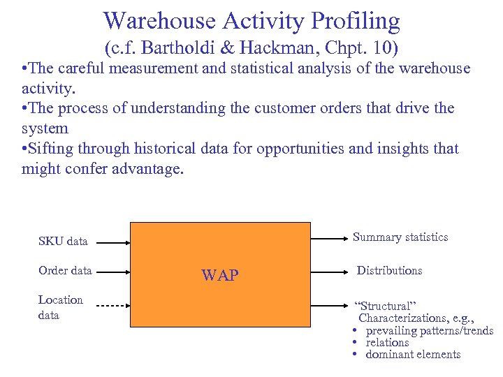 Warehouse Activity Profiling (c. f. Bartholdi & Hackman, Chpt. 10) • The careful measurement