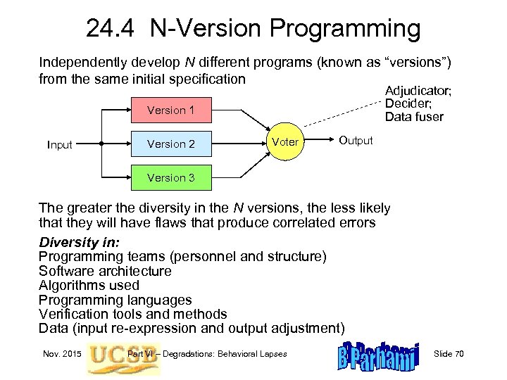 24. 4 N-Version Programming Independently develop N different programs (known as “versions”) from the