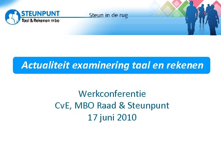 Actuele ontwikkelingen Actualiteit examinering taal en rekenen Werkconferentie Cv. E, MBO Raad & Steunpunt