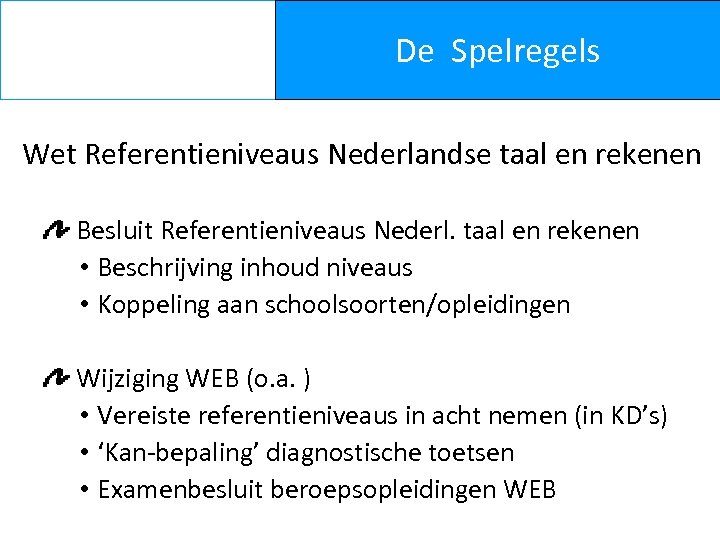 De Spelregels Wet Referentieniveaus Nederlandse taal en rekenen Besluit Referentieniveaus Nederl. taal en rekenen