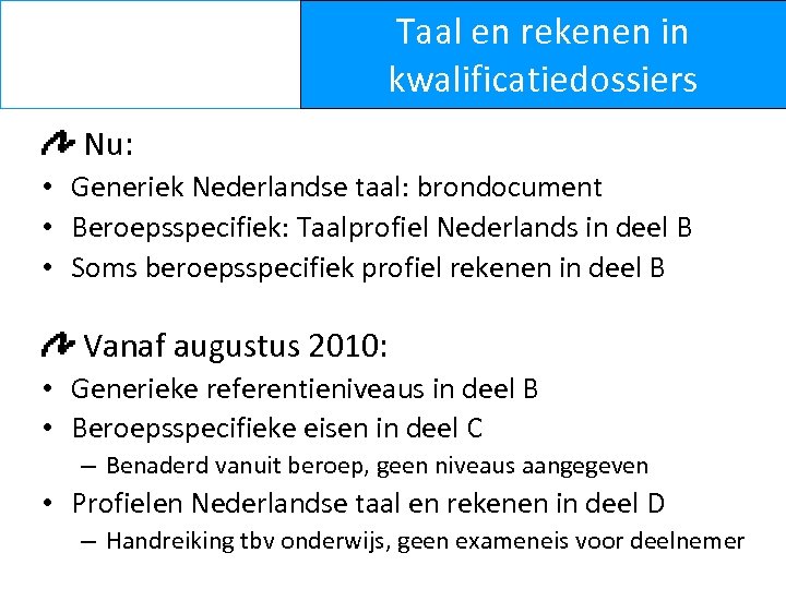 Taal en rekenen in kwalificatiedossiers Nu: • Generiek Nederlandse taal: brondocument • Beroepsspecifiek: Taalprofiel