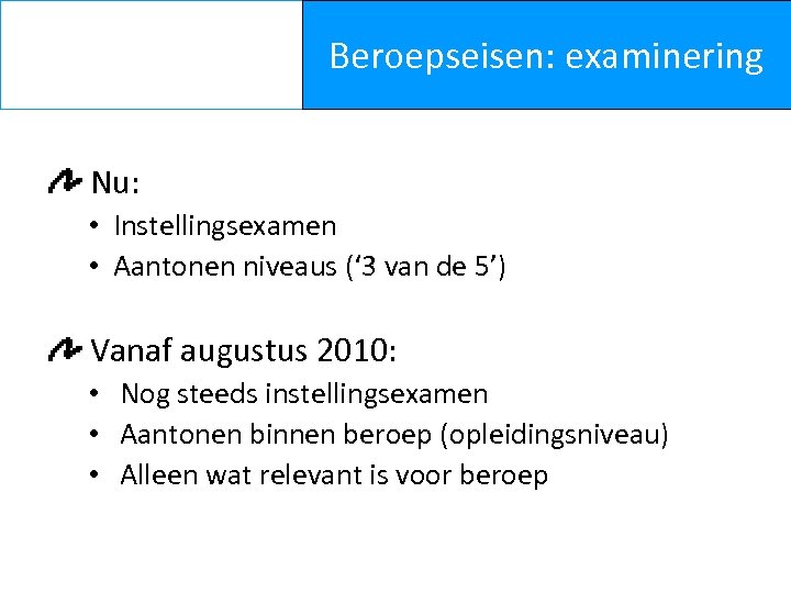 Beroepseisen: examinering Nu: • Instellingsexamen • Aantonen niveaus (‘ 3 van de 5’) Vanaf