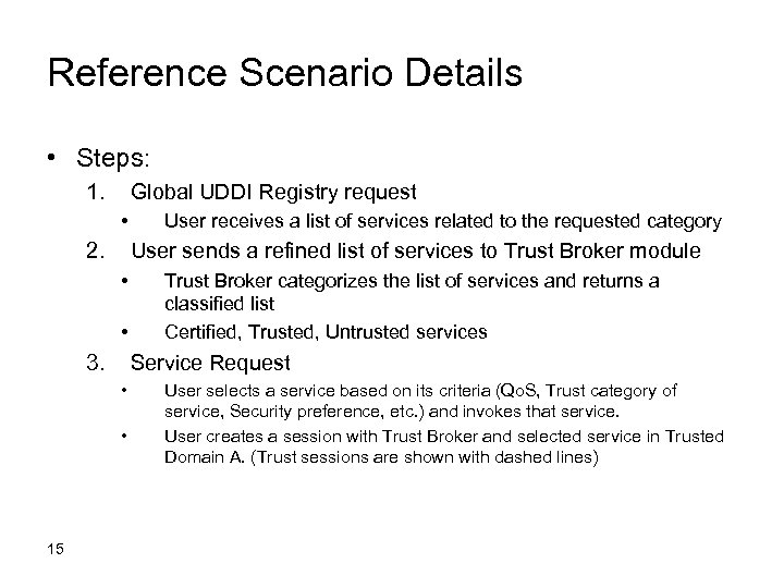 Reference Scenario Details • Steps: 1. Global UDDI Registry request • 2. User sends