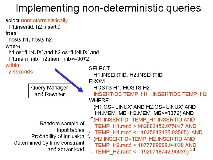 Implementing non-deterministic queries select nondeterministically h 1. insertid, h 2. insertid from hosts h