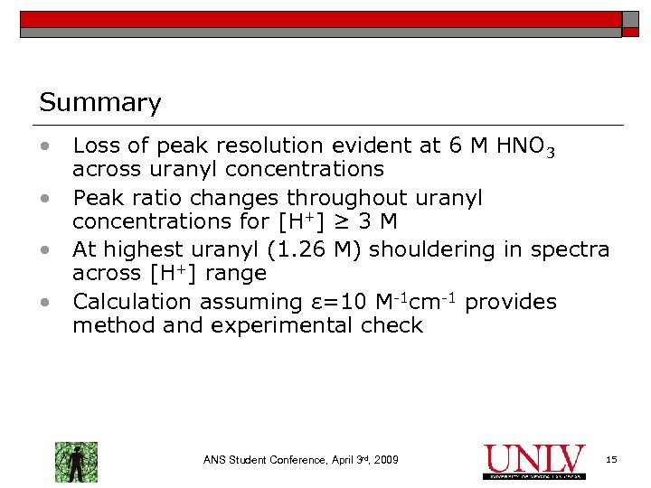 Summary • Loss of peak resolution evident at 6 M HNO 3 across uranyl