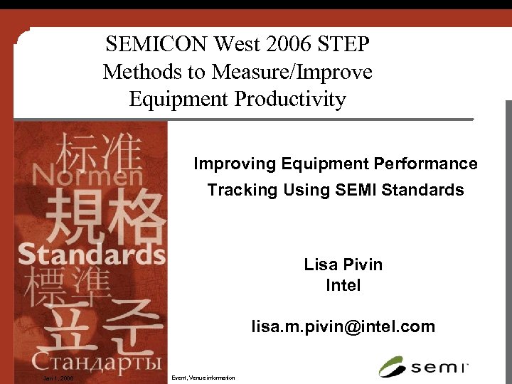 SEMICON West 2006 STEP Methods to Measure/Improve Equipment Productivity Improving Equipment Performance Tracking Using