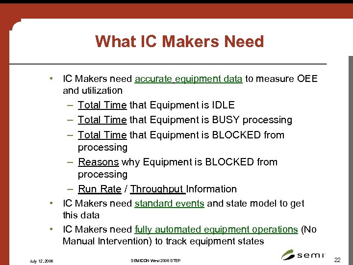 What IC Makers Need • IC Makers need accurate equipment data to measure OEE