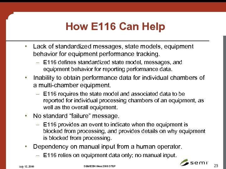 How E 116 Can Help • Lack of standardized messages, state models, equipment behavior