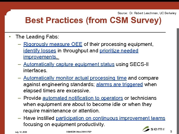 Source: Dr. Robert Leachman, UC Berkeley Best Practices (from CSM Survey) • The Leading