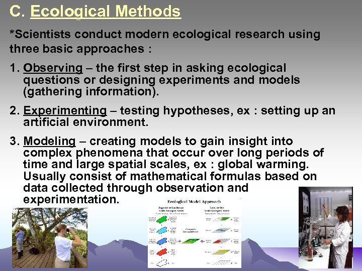 C. Ecological Methods *Scientists conduct modern ecological research using three basic approaches : 1.