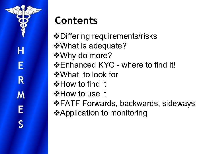 Contents H E R M E S v. Differing requirements/risks v. What is adequate?