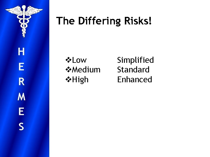 The Differing Risks! H E R M E S v. Low v. Medium v.