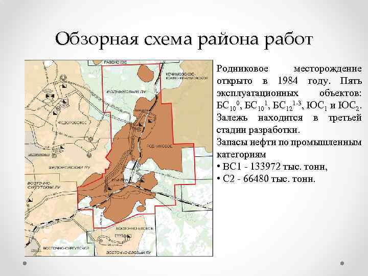Обзорная схема района работ Родниковое месторождение открыто в 1984 году. Пять эксплуатационных объектов: БС