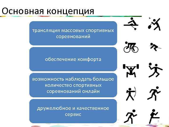 Основная концепция трансляция массовых спортивных соревнований обеспечение комфорта возможность наблюдать большое количество спортивных соревнований