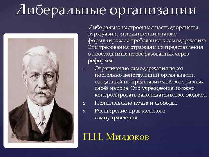 Либеральные организации 1. 2. 3. Либерально настроенная часть дворянства, буржуазии, интеллигенции также формулировала требования