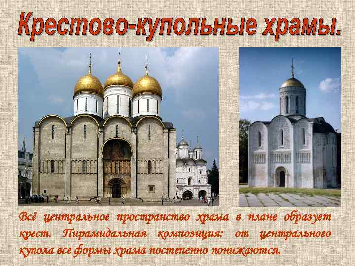 Всё центральное пространство храма в плане образует крест. Пирамидальная композиция: от центрального купола все