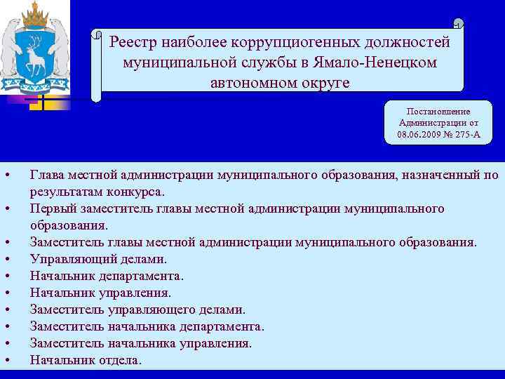 Реестр наиболее коррупциогенных должностей муниципальной службы в Ямало-Ненецком автономном округе Постановление Администрации от 08.