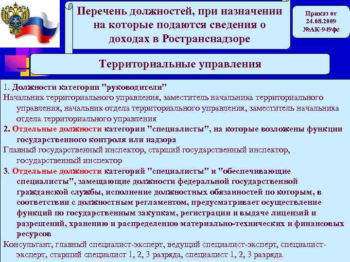 Перечень должностей, при назначении на которые подаются сведения о доходах в Ространснадзоре Приказ от